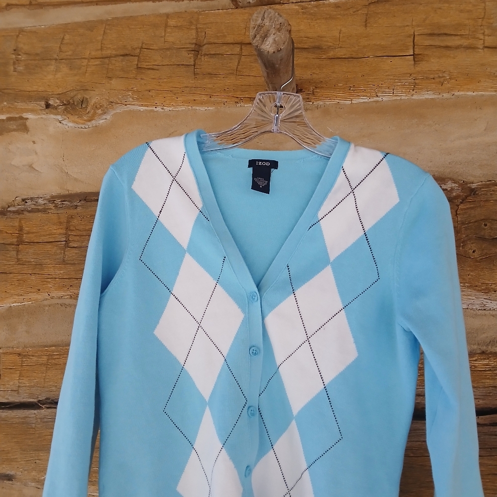 3/$15 Izod Light Blue & Brown Argyle V Neck Cotton Cardigan Size Small - Picture 2 of 8